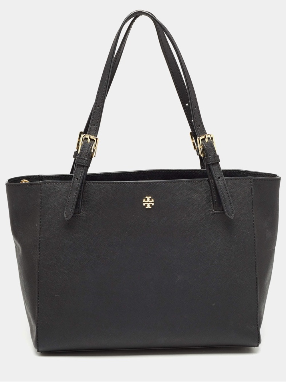 Tory Burch Black Saffiano Leather Double-Handle Tote with Gold Logo